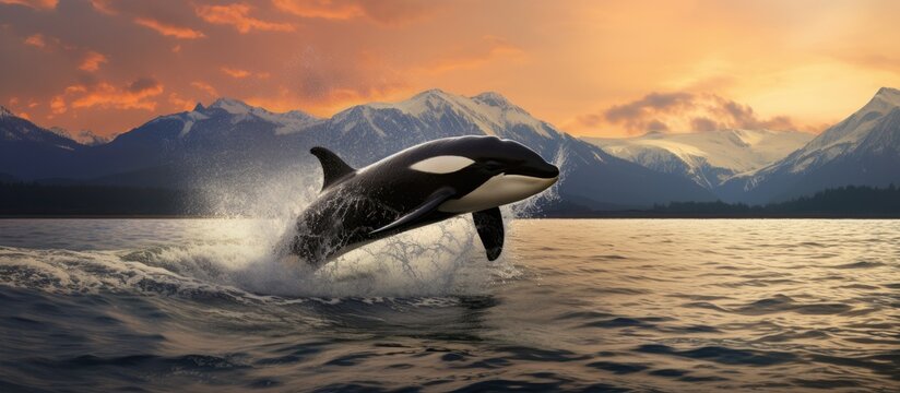 A majestic orca jumps out of the ocean at sunset with splashes against a Norwegian backdrop featuring snowy mountains in a fjord providing ample copy space image