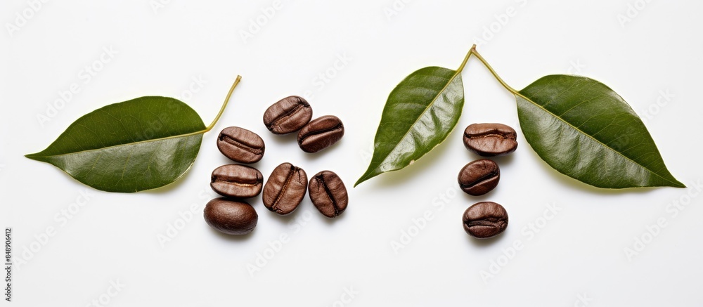 Poster a close up image shows two roasted coffee beans with fresh coffee leaves against a white background 