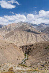 Scenic vertical desert landscape view of Wakhan mountain range on Afghanistan side and Pamir river valley, Gorno-Badakhshan, Tajikistan