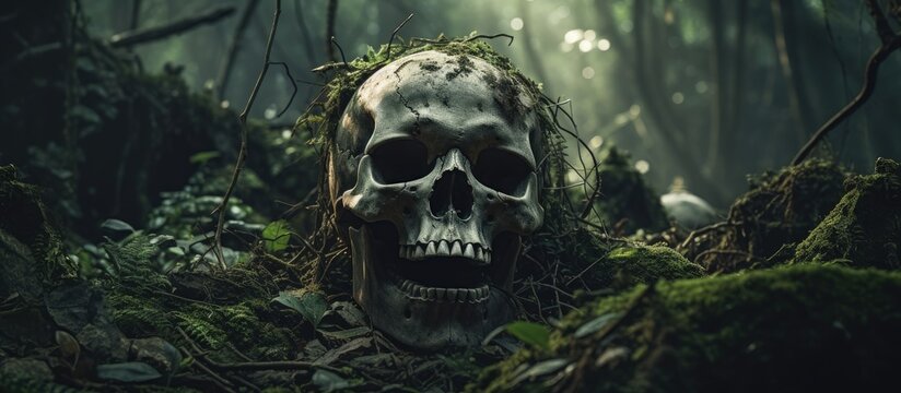 Explore the concept of adventure and exploration through an image of a human skull amidst ancient ruins in the jungle with ample copy space