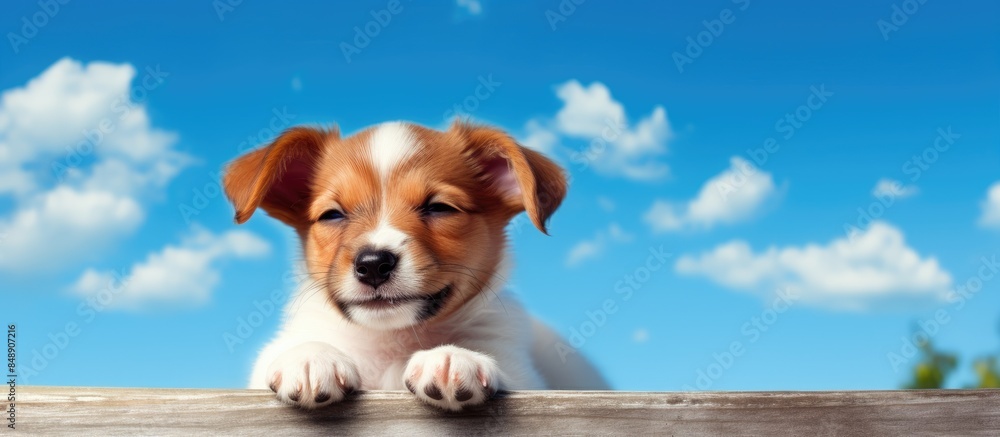 Poster a cheerful puppy winks and smiles with closed eyes on a blue backdrop perfect for use as a copy spac