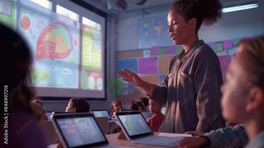 Poster portrait of teacher teaching about ai at digital classroom. multicultural elementary student learnin