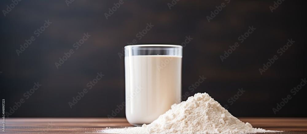 Poster close up image of a container of milk whey protein with copy space image