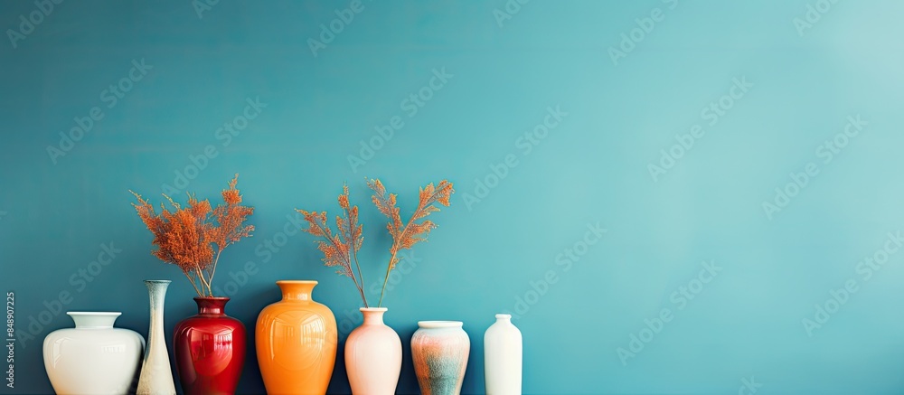 Poster elegant empty ceramic vases on a colorful backdrop with a copy space image