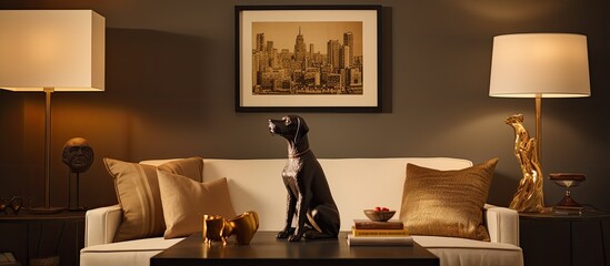 An upscale living area featuring a beige wall adorned with a golden lamp a coffee table showcasing a dark dog sculpture and various personal items inviting focus on the copy space image