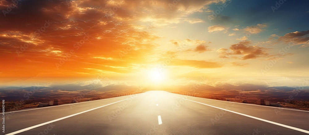 Poster a scenic sunset landscape over an empty highway with copy space image available
