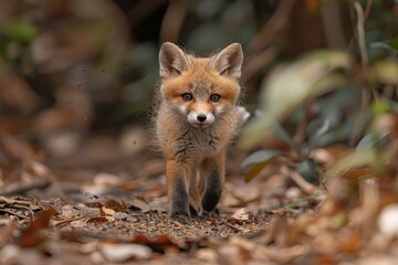 Fototapeta premium Baby Fox: An adorable baby fox kit with reddish fur and a bushy tail, exploring a forest clearing.