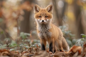 Fototapeta premium Baby Fox: An adorable baby fox kit with reddish fur and a bushy tail, exploring a forest clearing.