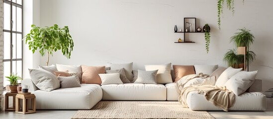 Real photo of a corner sofa with patterned pillows in a stylish apartment interior adorned with posters a pouf and ample copy space image