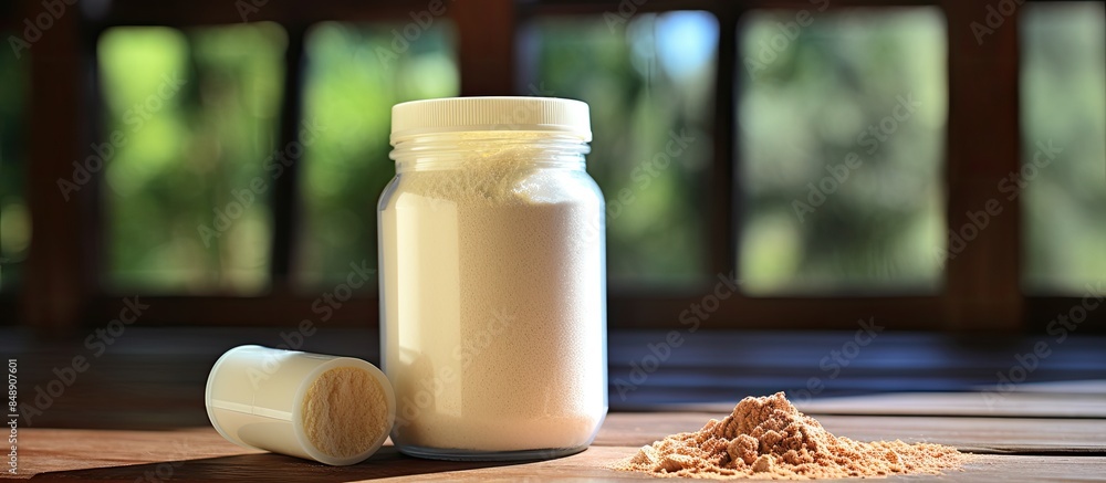 Poster a scoop of whey protein powder placed next to vitamins in a plastic shaker on a wooden background wi