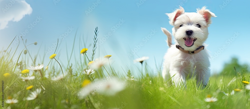 Poster summer themed web banner featuring a playful happy puppy walking in the grass with a funny and cute 