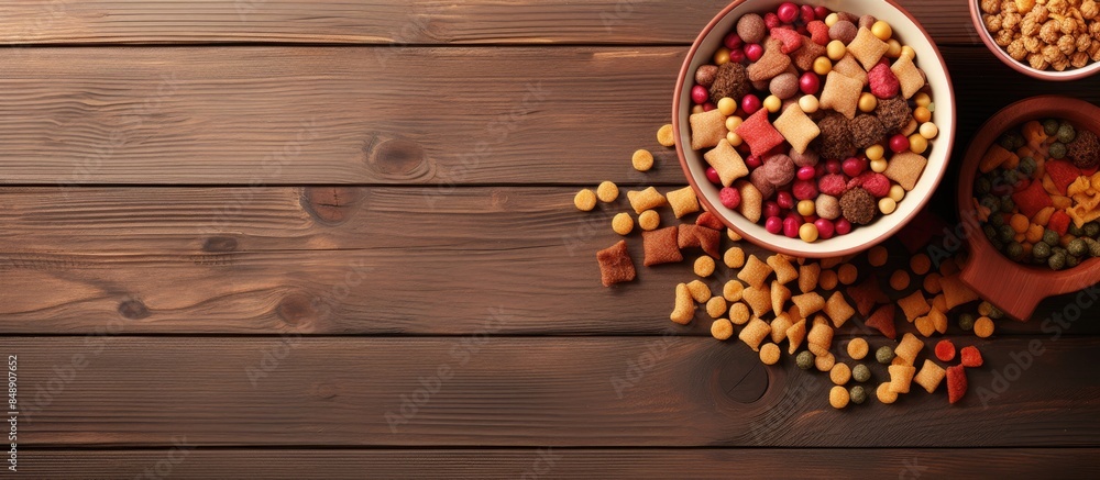 Poster desk view from above of a plentiful bowl of dog food surrounded by toys on a wooden surface ideal fo