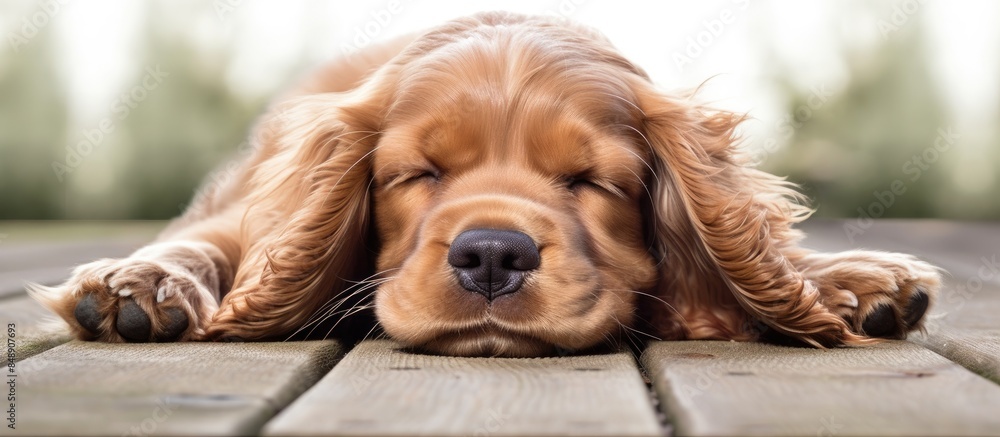 Poster a cocker spaniel puppy lying down and licking its lips set against a white backdrop with copy space 