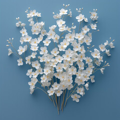 A delicate arrangement of white flowers with yellow centers, elegantly displayed against a solid blue background, showcasing their simplicity and natural beauty.