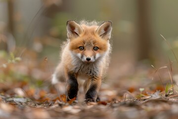 Obraz premium Baby Fox: An adorable baby fox kit with reddish fur and a bushy tail, exploring a forest clearing.