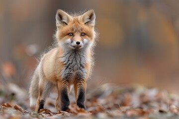 Fototapeta premium Baby Fox: An adorable baby fox kit with reddish fur and a bushy tail, exploring a forest clearing.