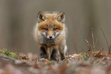 Fototapeta premium Baby Fox: An adorable baby fox kit with reddish fur and a bushy tail, exploring a forest clearing.