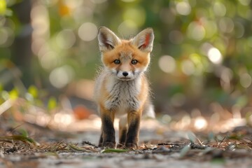 Obraz premium Baby Fox: An adorable baby fox kit with reddish fur and a bushy tail, exploring a forest clearing.