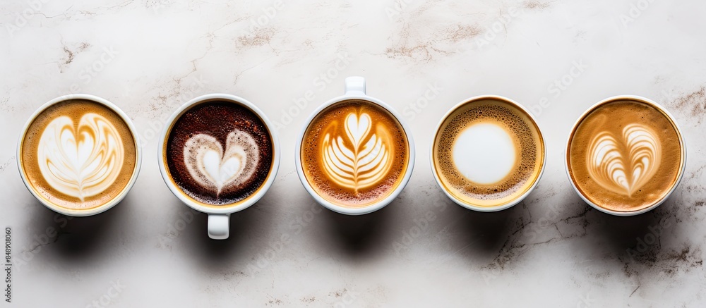 Poster top view of a variety of hot beverages like coffee cappuccino espresso tea on a marble table with a 