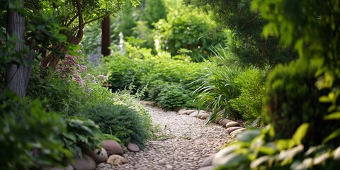 A serene garden path, landscaped with lush greenery and colorful flowers.