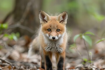 Naklejka premium Baby Fox: An adorable baby fox kit with reddish fur and a bushy tail, exploring a forest clearing.