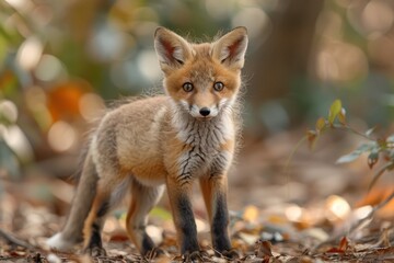 Fototapeta premium Baby Fox: An adorable baby fox kit with reddish fur and a bushy tail, exploring a forest clearing.