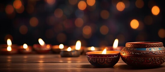 Diwali holiday atmosphere depicted with candles arranged on a wooden table creating a warm setting around a copy space image