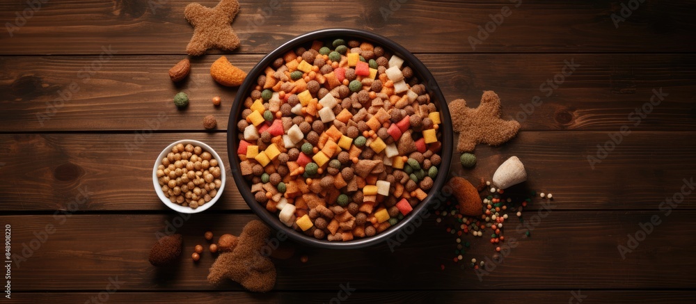 Poster desk view from above of a plentiful bowl of dog food surrounded by toys on a wooden surface ideal fo