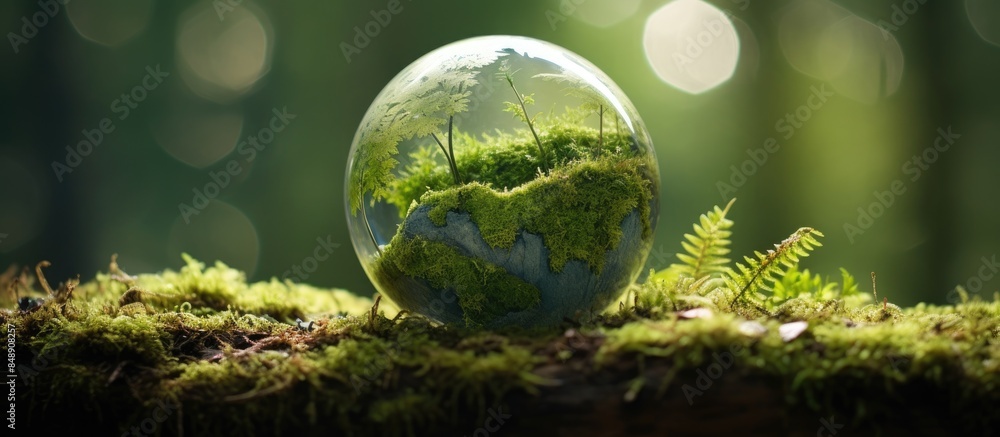 Poster environmental concept displayed with a globe on moss in a forest setting featuring copy space image