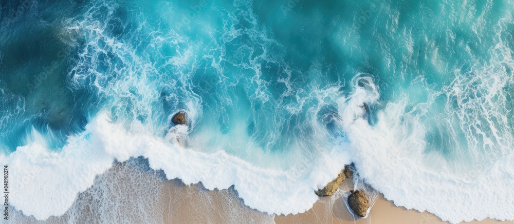 Poster aerial view of a coastal scene with vivid ocean colors captured by a drone featuring powerful waves 