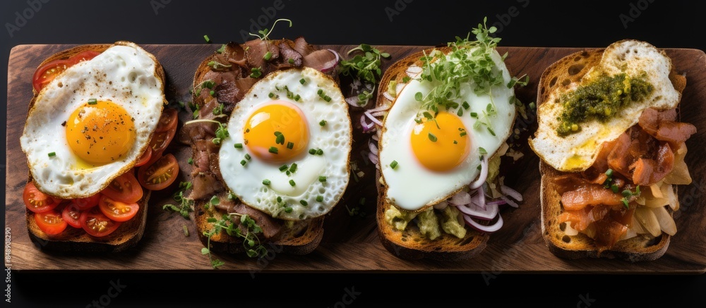 Poster breakfast of fried toast topped with various chicken egg variations like scrambled fried poached and