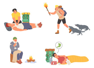 Dangerous situation during camping travel vector illustration. People characters suffering from faint, wild wolves attack, sickness and cold, stomachache scene set