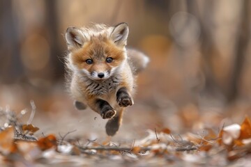 Baby Fox: An adorable baby fox kit with reddish fur and a bushy tail, exploring a forest clearing.