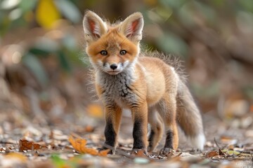 Fototapeta premium Baby Fox: An adorable baby fox kit with reddish fur and a bushy tail, exploring a forest clearing.