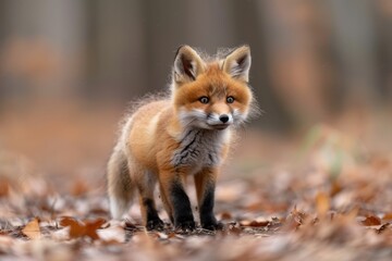 Fototapeta premium Baby Fox: An adorable baby fox kit with reddish fur and a bushy tail, exploring a forest clearing.