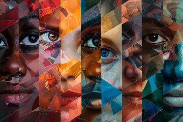 Abstract Portrait Collage of Diverse Faces with Geometric Patterns