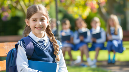 Smiling schoolgirl holding books in the school
