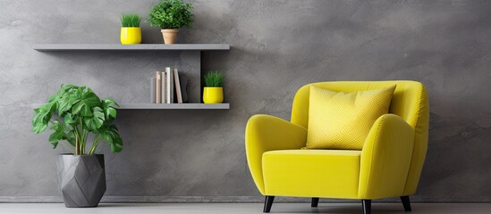 Home interior concept with yellow sofa chair and bookshelf featuring a decorative grey stone wall background and a large green vase with plants with copy space image