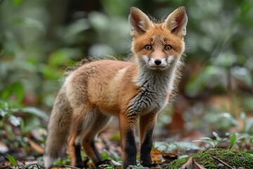 Baby Fox: An adorable baby fox kit with reddish fur and a bushy tail, exploring a forest clearing.