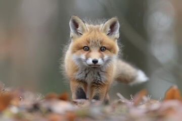 Naklejka premium Baby Fox: An adorable baby fox kit with reddish fur and a bushy tail, exploring a forest clearing.