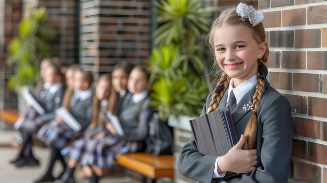 Smiling schoolgirl holding books in the school - Powered by Adobe