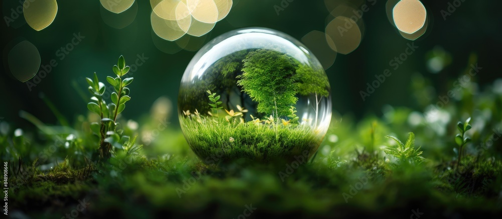 Poster green planet concept shown in a glass globe on grass with moss in a forest featuring a blurred backg