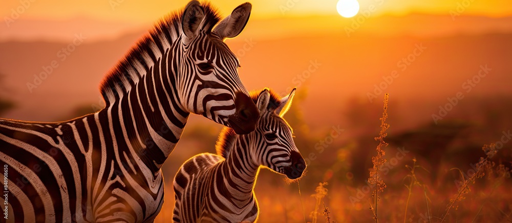 Poster zebra mother and calf grazing and grooming on a safari hill with a sunset in the background setting 