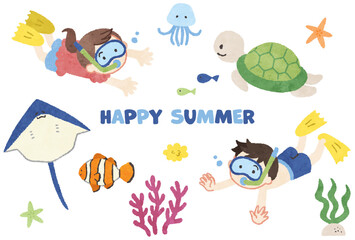 海の生き物・魚と泳ぐ子供たちのイラスト