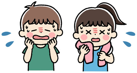汗をかき暑そうな子供たちのイラスト