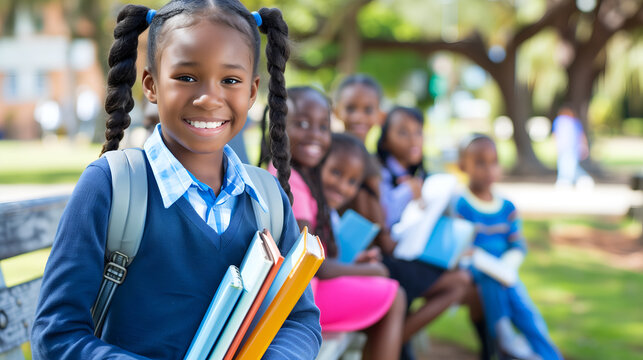 African young girl holding books in the school