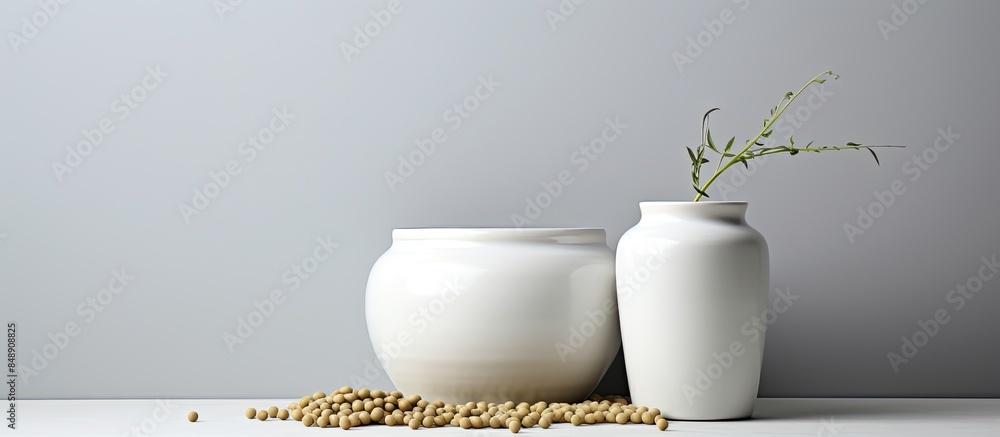 Poster clean pottery containers for milk or beans on a white and gray background with ample copy space imag