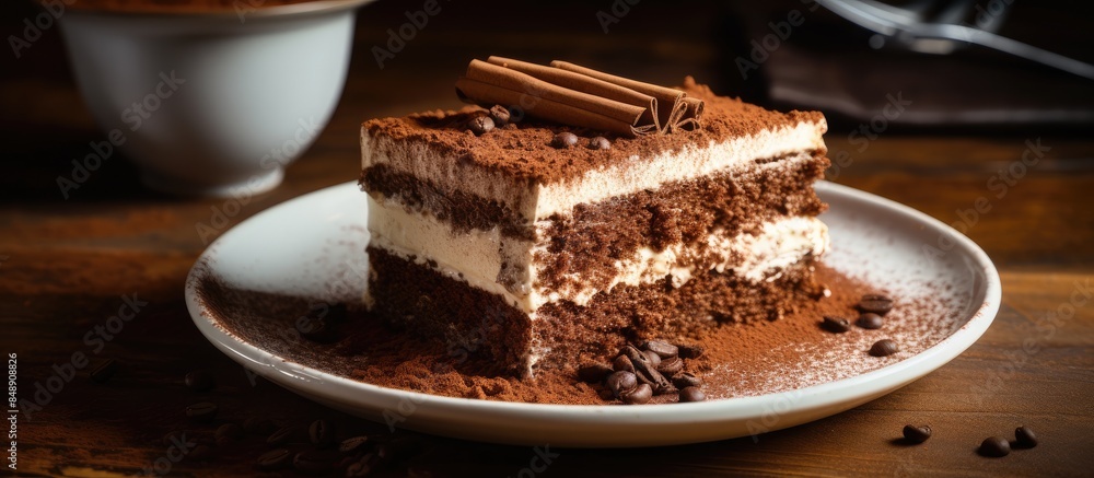 Poster a tempting slice of chocolate cake topped with tiramisu cream and dusted with cocoa powder displayed