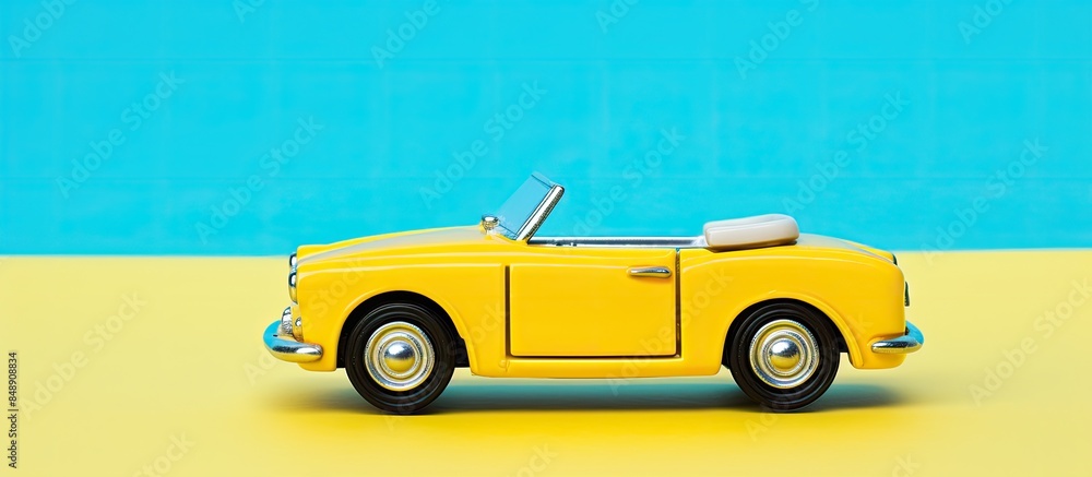 Poster yellow vintage toy car convertible displayed against a blue backdrop showing its side with room for 
