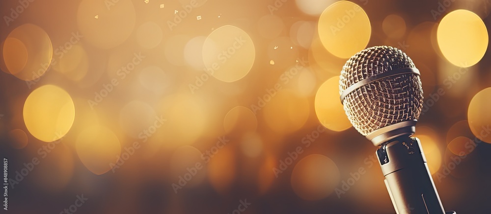 Poster close up image of a stunning golden microphone on a softly blurred background with bokeh effects ide